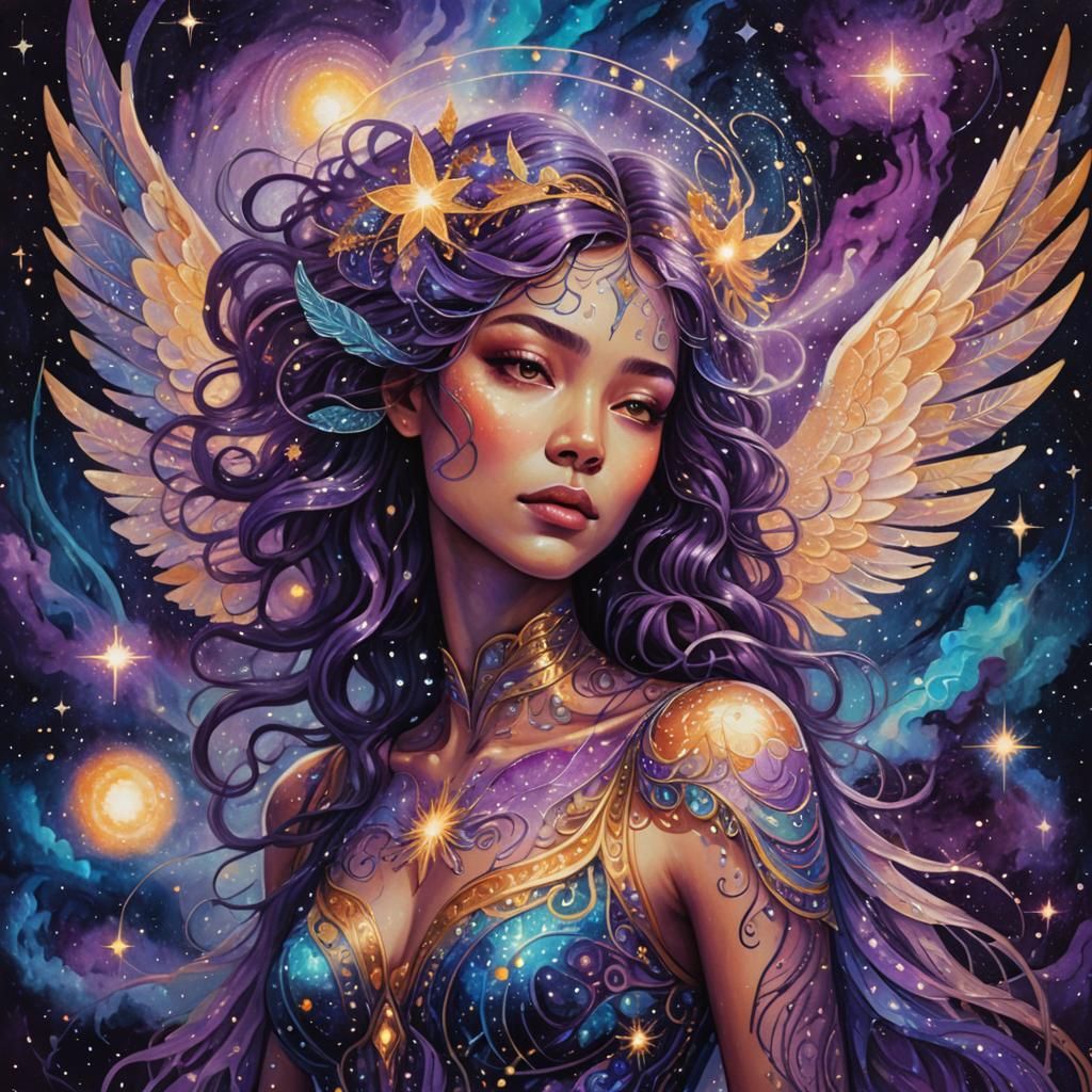 Cosmic Woman with Wings in Visionary Art Style