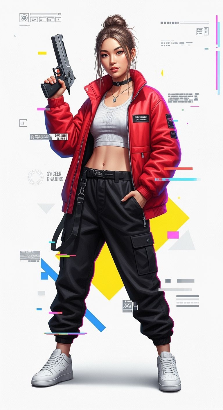 Cyberpunk Woman Poses with Pistol in Futuristic Cityscape