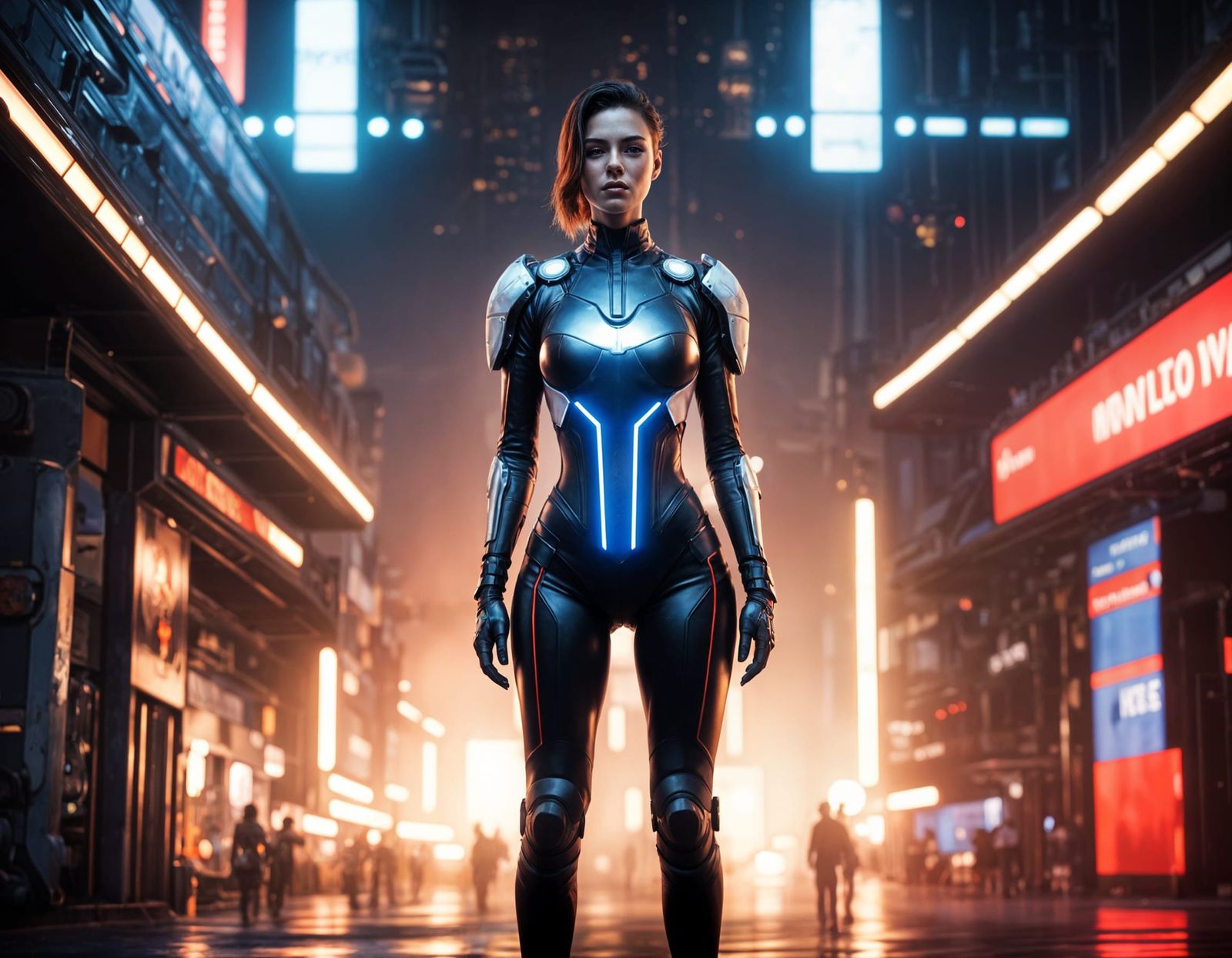 Cyberpunk Goddess in Neon-Lit Armour