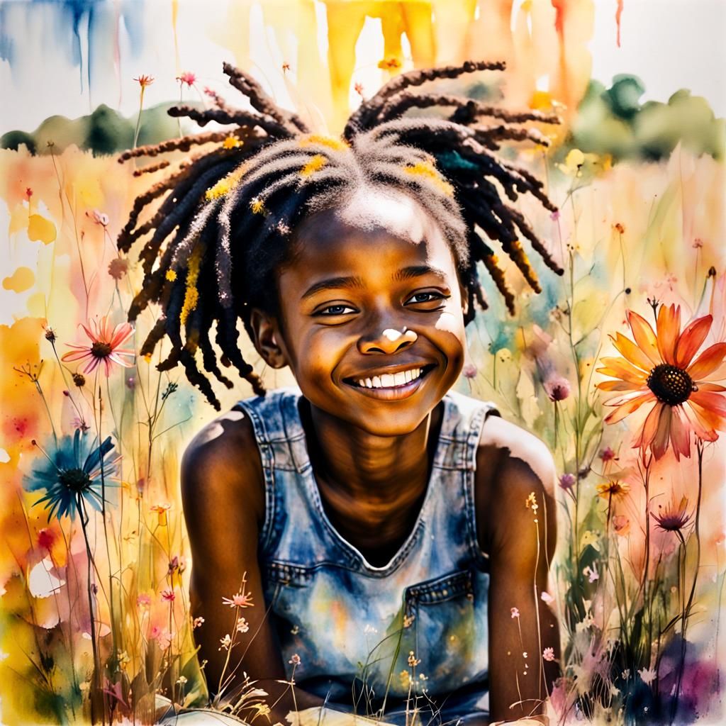 Dreamy Encaustic Watercolor Portrait of Smiling Girl