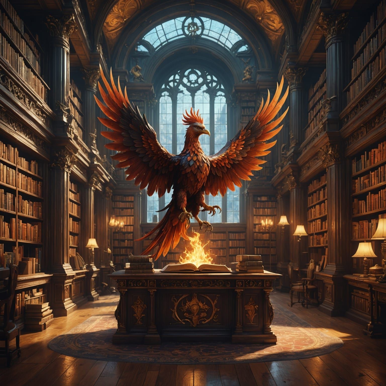 Phoenix in Library: Detailed Matte Painting