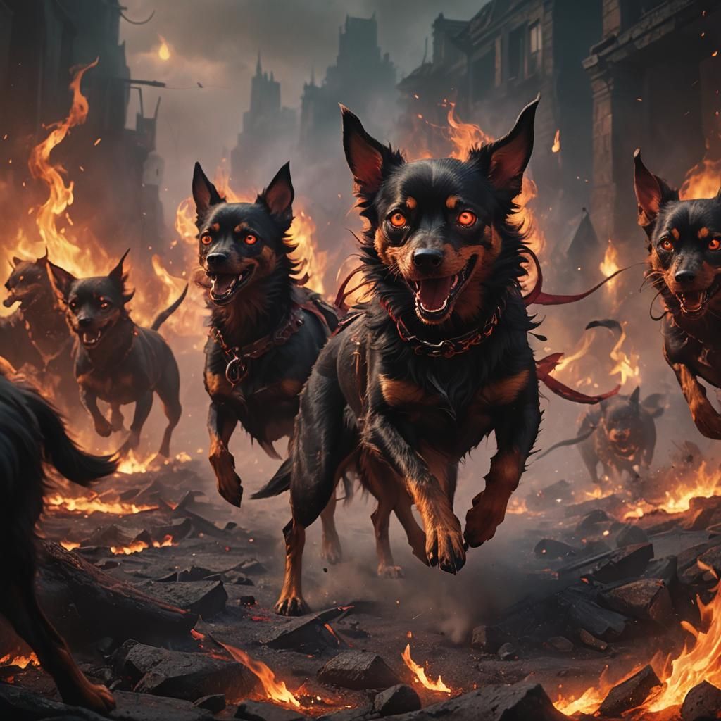 Chihuahua and Dachshund Hellhounds in Apocalyptic Landscape