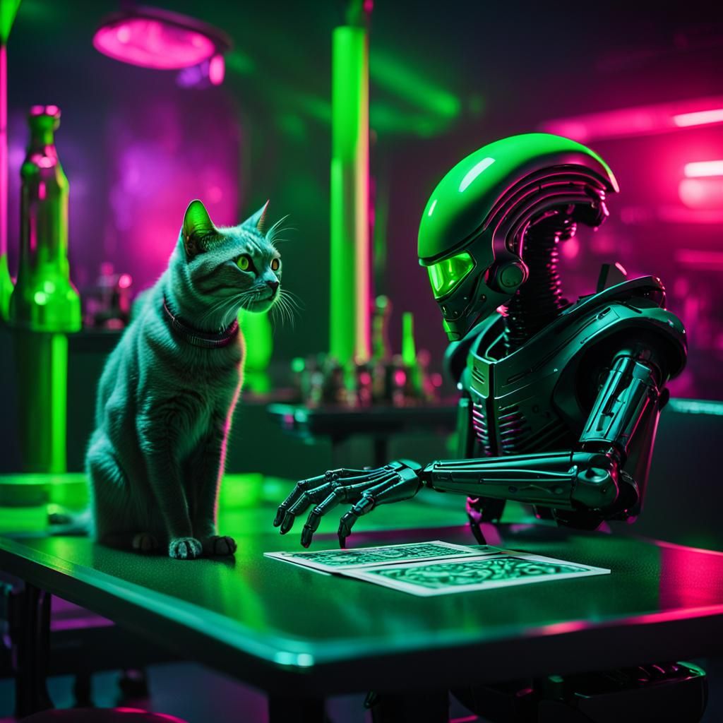 Xenomorph and Robot Cat Play Cards in Spaceship