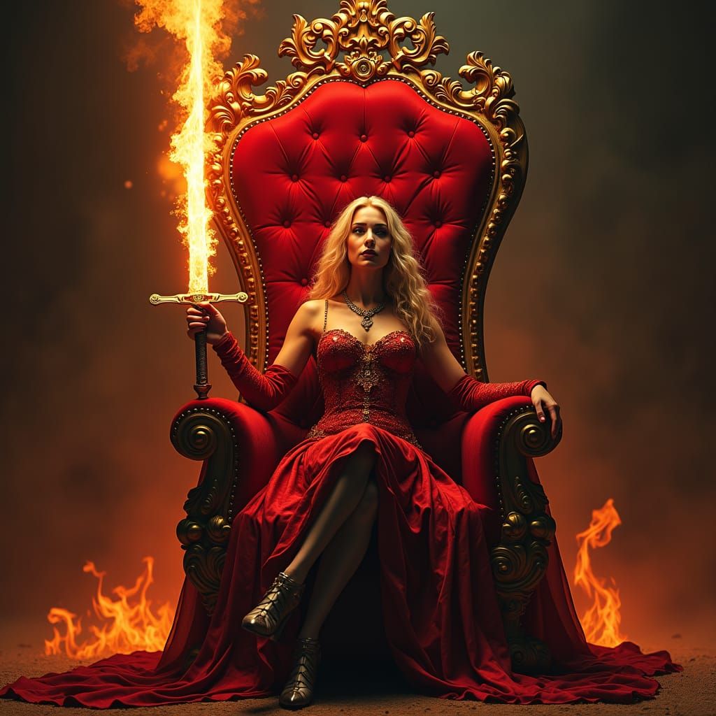 Queen on Crimson Throne with Flaming Sword