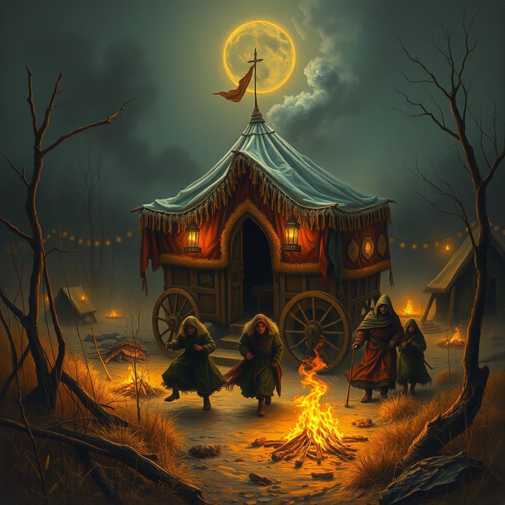 Mystical Gypsy Camp Enveloped by Golden Flames