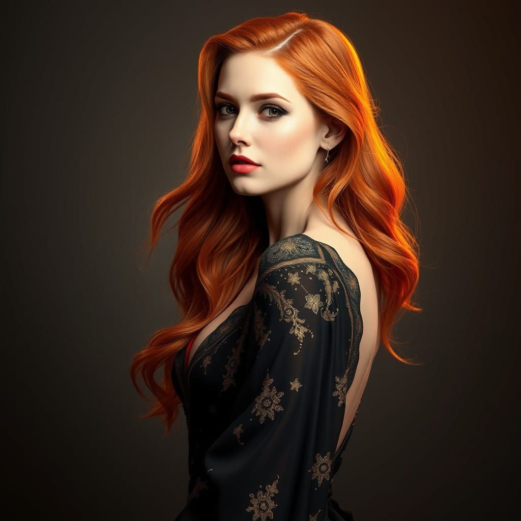 Elegant Woman in Fiery Red Hair and Black Gown