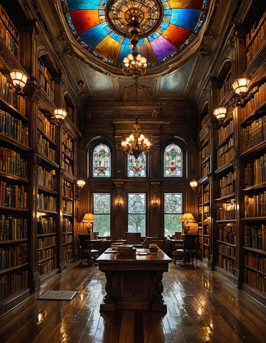 Rainy Afternoon in Ornate Library, Digital Art