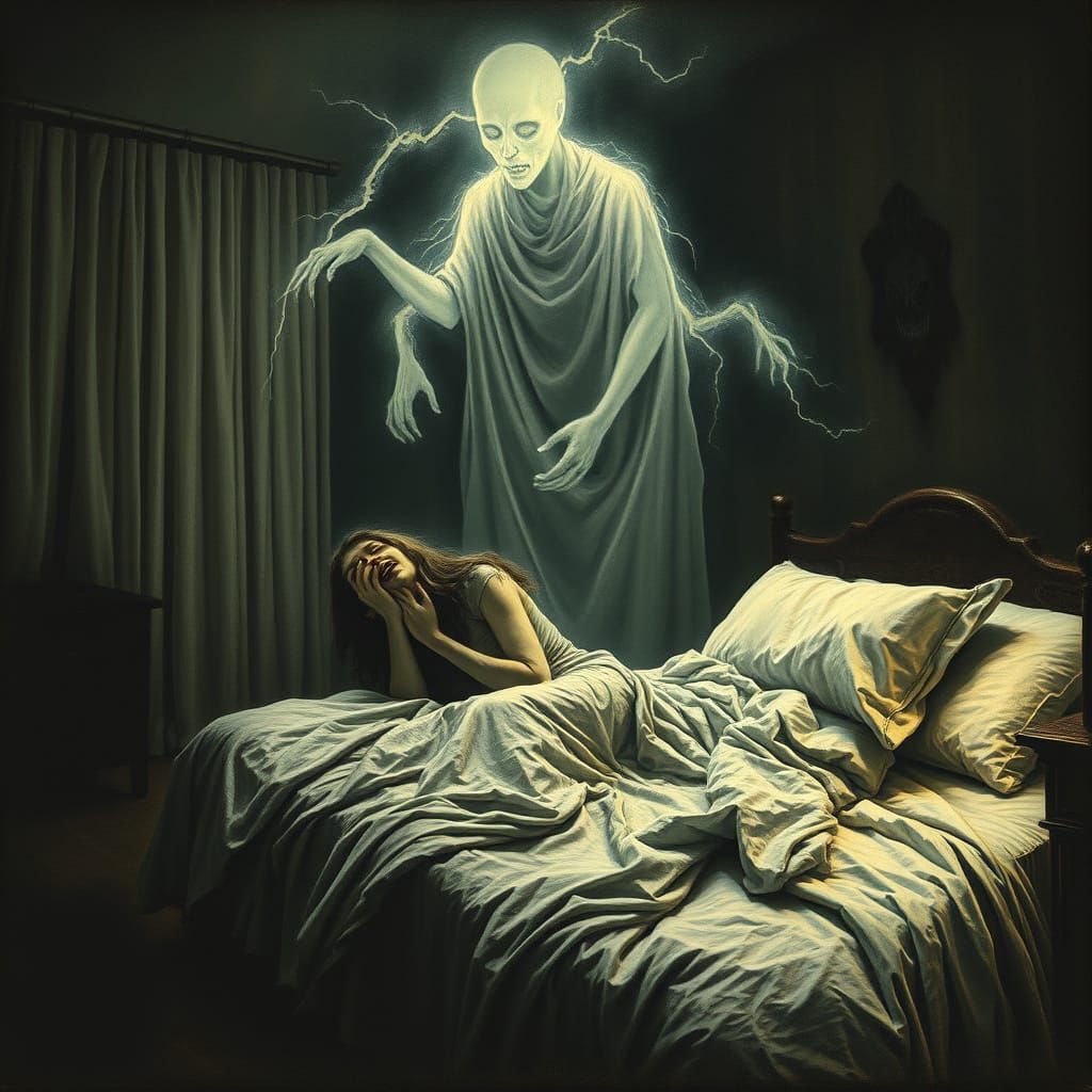 Terrified Woman Haunted by Spectral Spirit