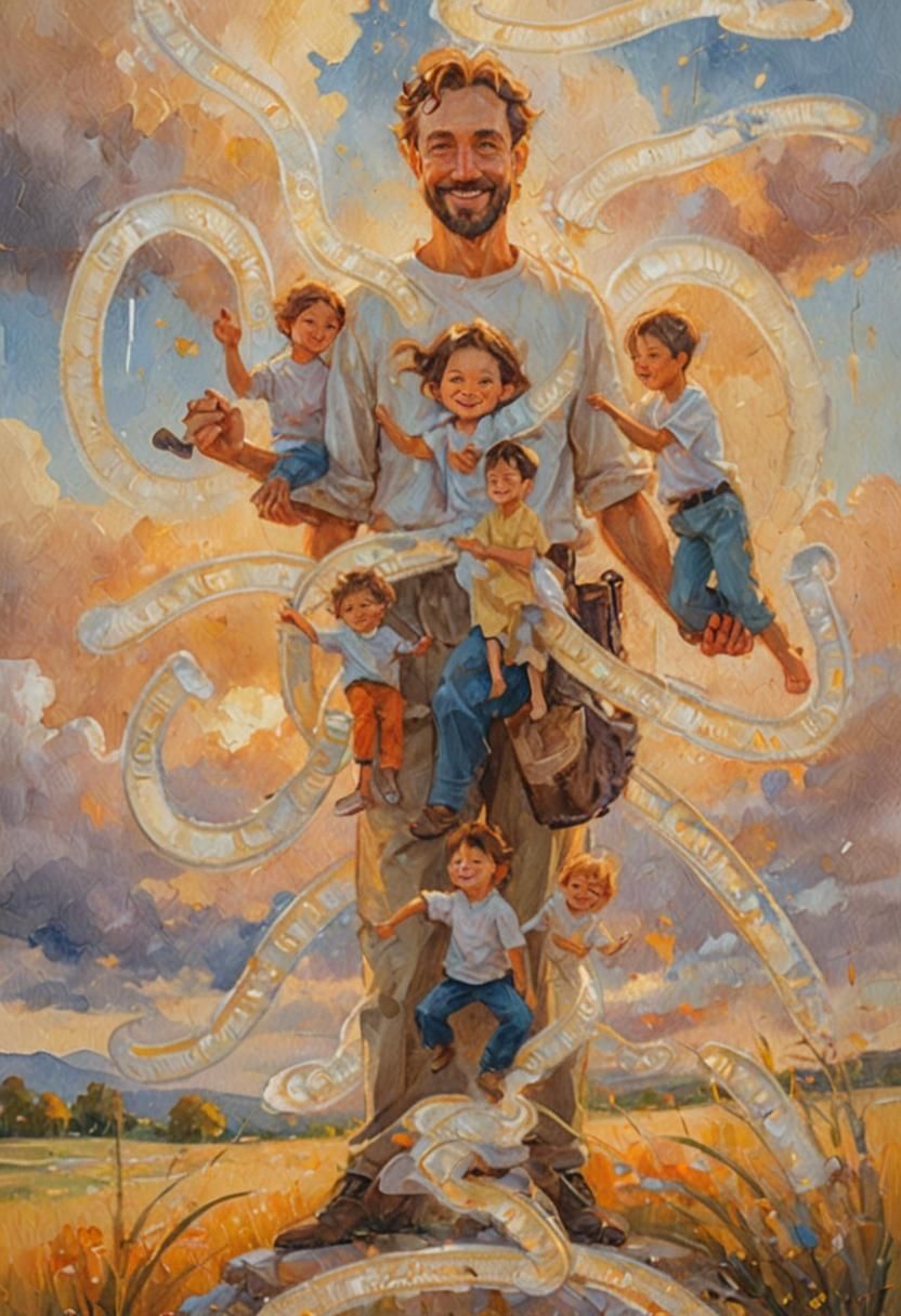 Father and Children Portrait in Soft Focus Oil Painting