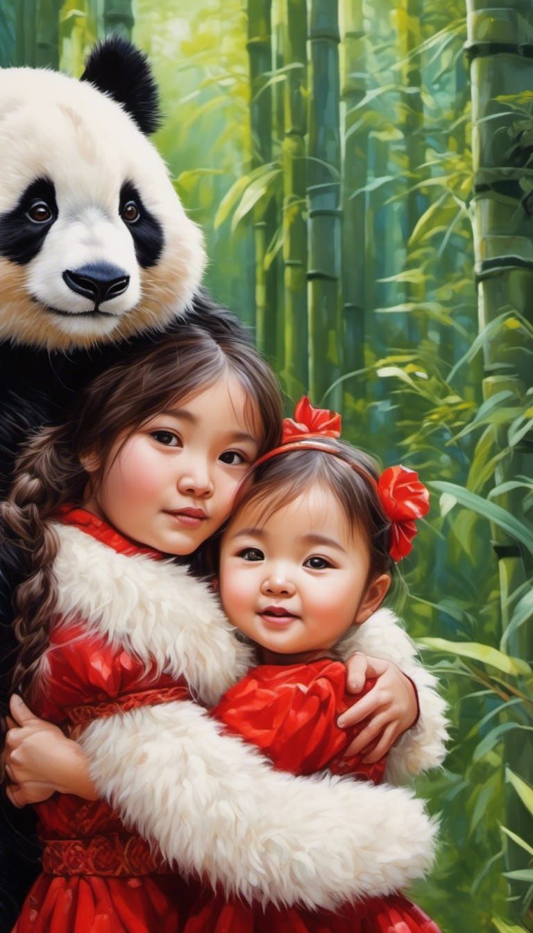 Adorable Korean Toddler Hugging Panda Cub
