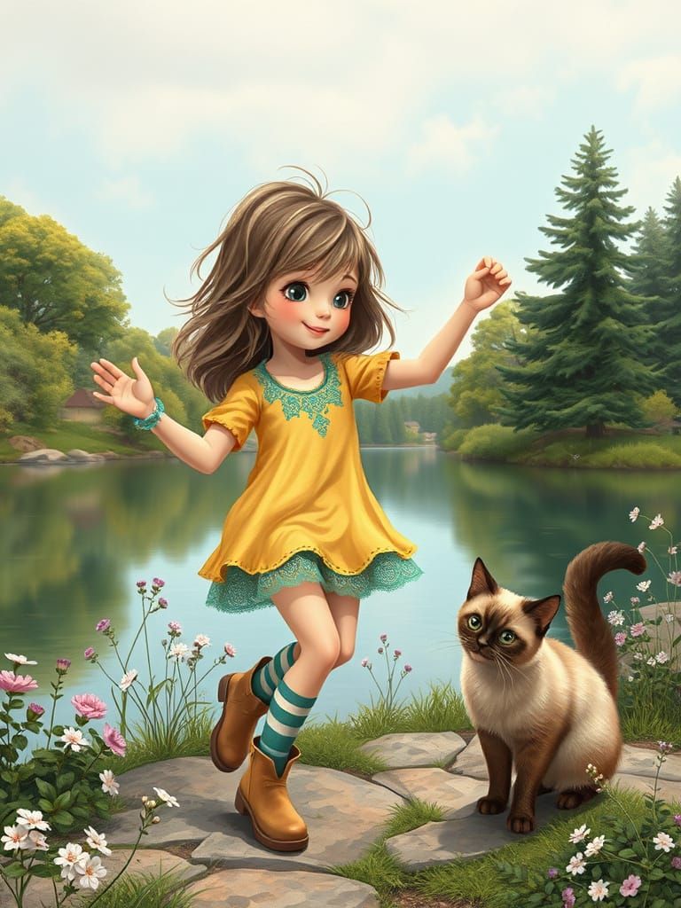 Girl Dancing with Cat in Whimsical 3D Style