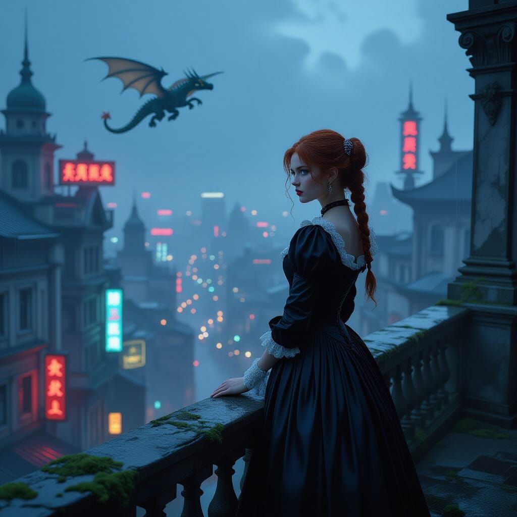 Victorian Woman Overlooks Cyberpunk City with Dragon