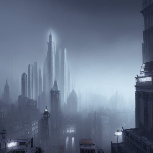 Film Noir Foggy Cityscape in Detailed Matte Painting