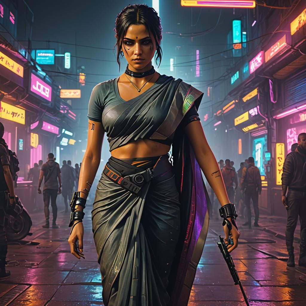 Cyberpunk Woman in Saree with Neon Lighting