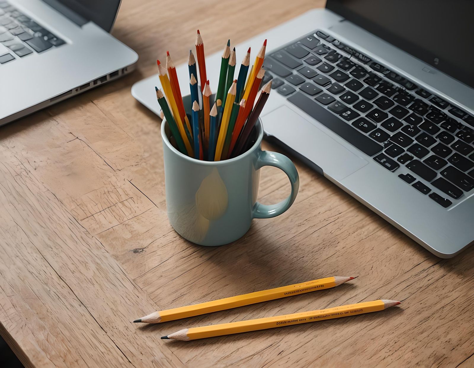 Pencils in Cup on Desk Near Laptop