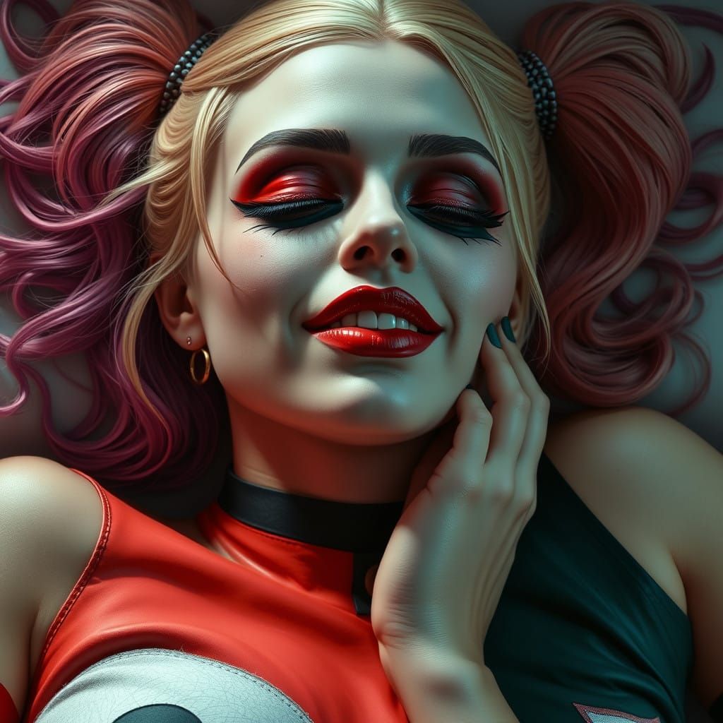Surreal Hyperrealistic Portrait of a Drunken Harley Quinn