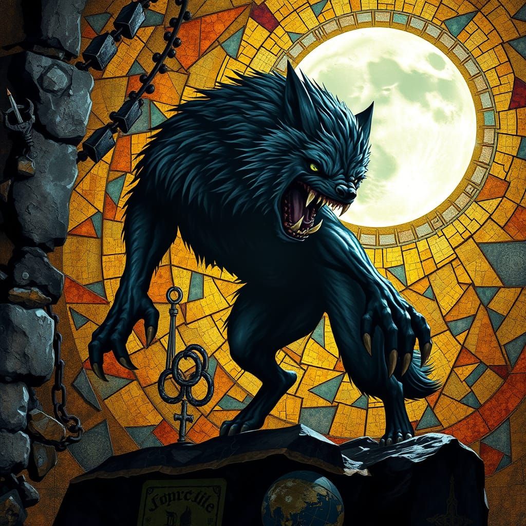 Werewolf Emerging from Mosaic Wall in Lunar Glow