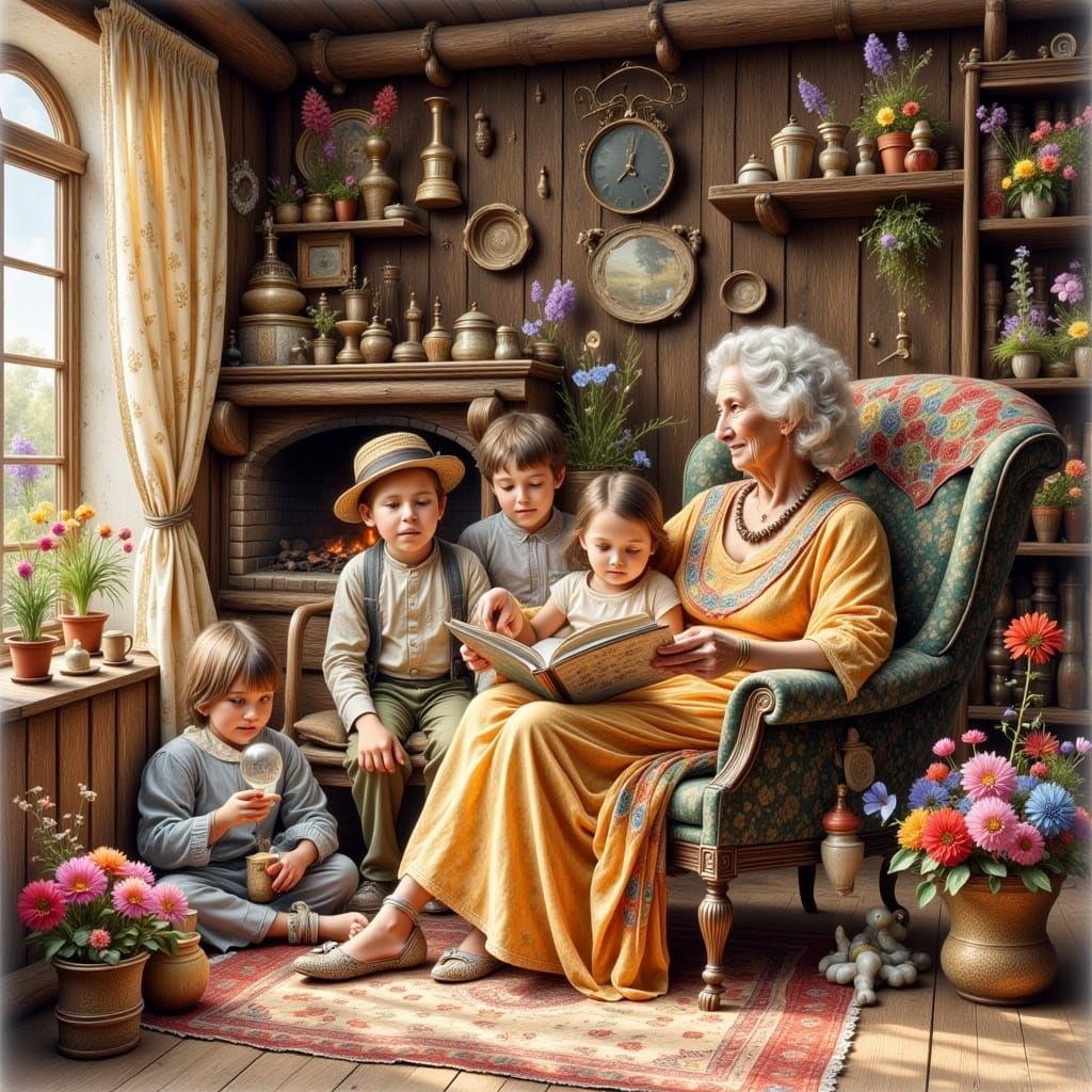 Grandmother Reading to Children in Charcoal Style