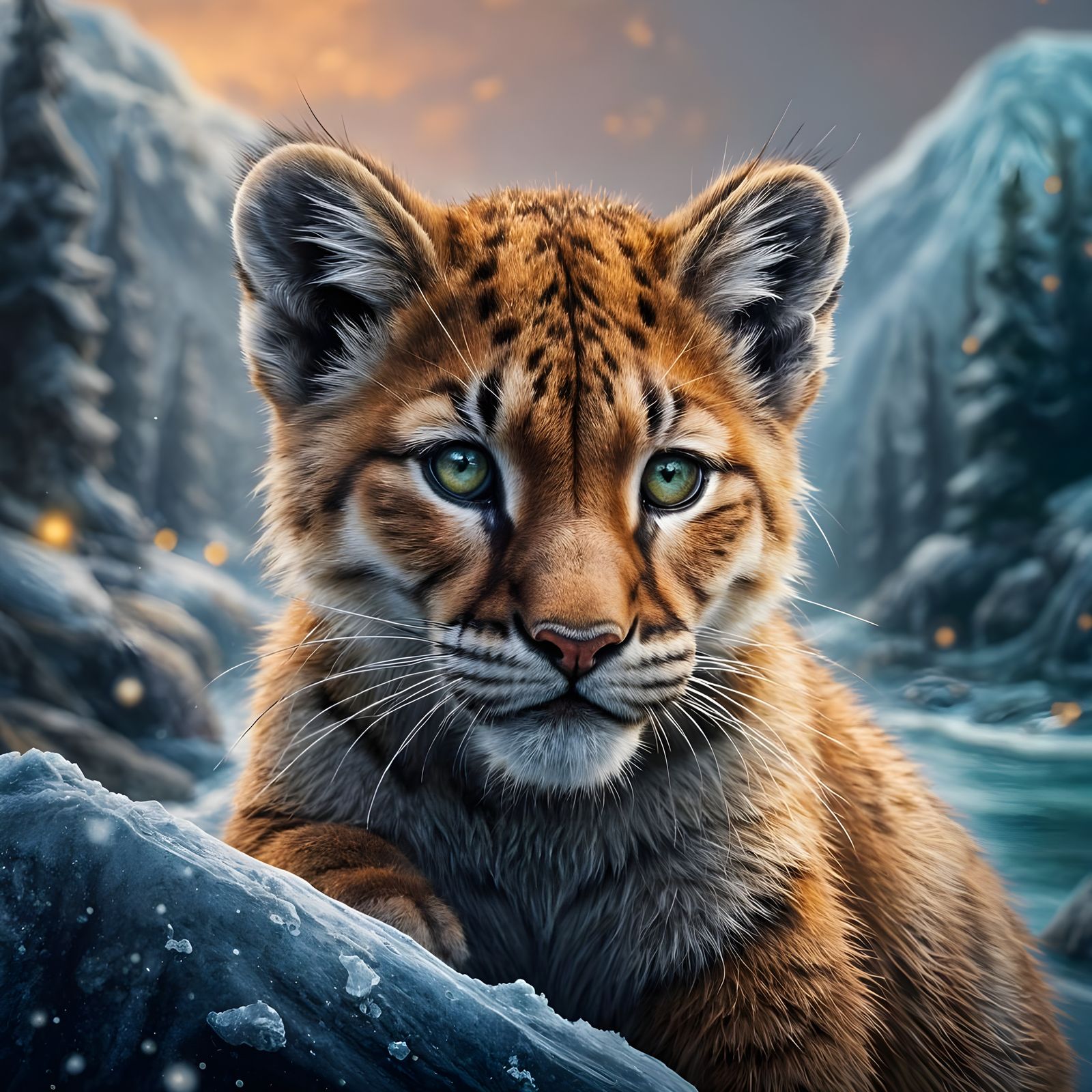 Hyperrealistic Mountain Lion in Winter Wonderland Scene