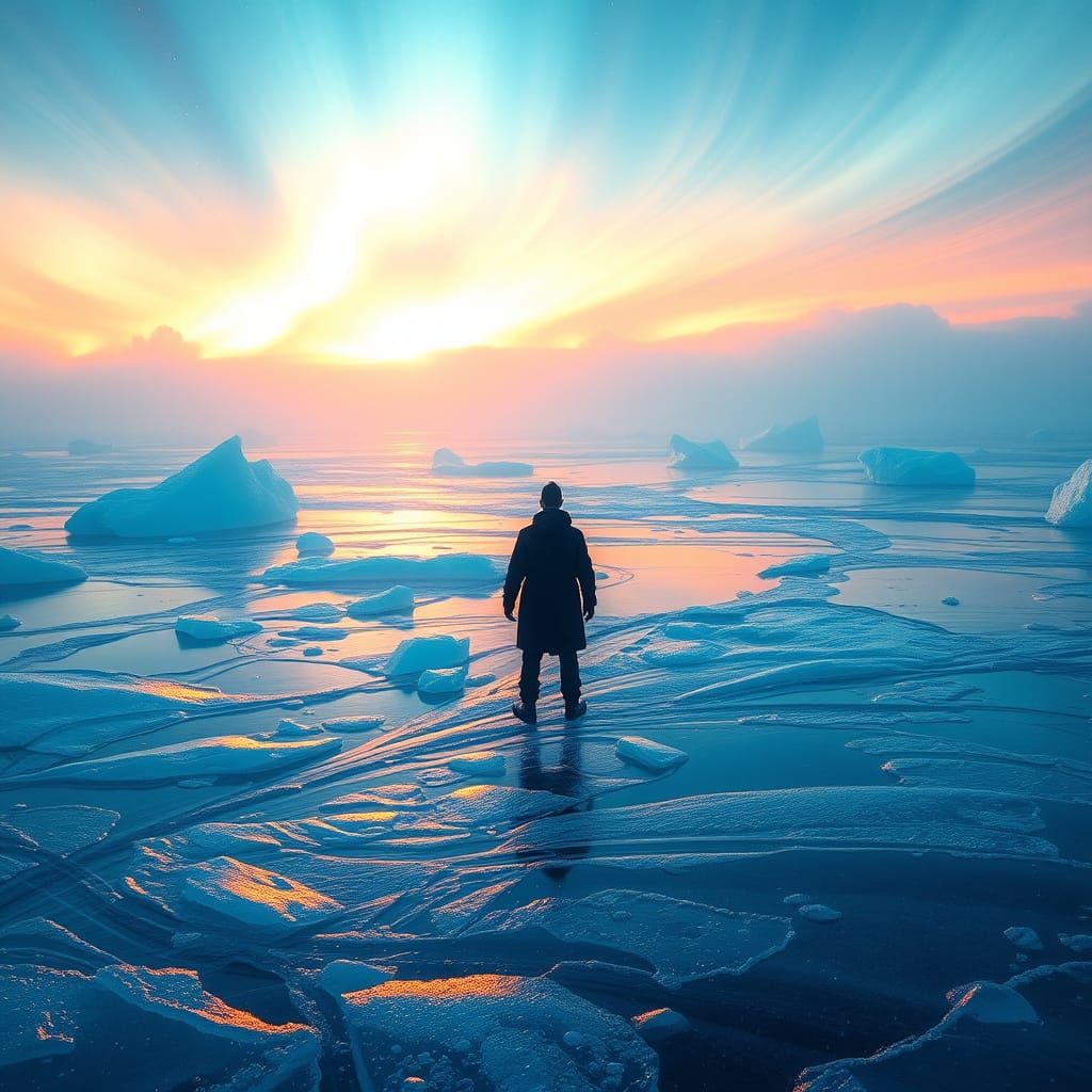 Ethereal Ice Beach at Dusk with Swirling Frost and Aurora Bo...