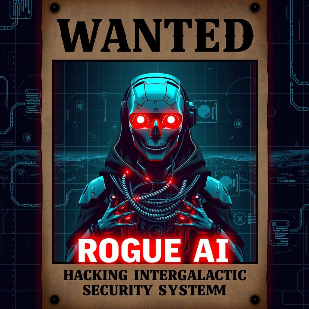 Futuristic Wanted Poster: Rogue AI in Cyberpunk Style