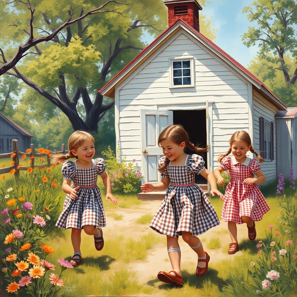 Charming Schoolyard Scene in Whimsical Oil Painting Style