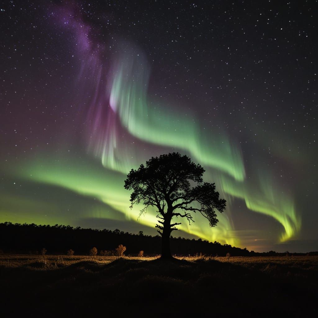 Northern light painting oak silhouette