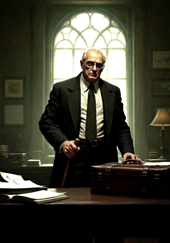 1970s Boarding School Headmaster in Dimly Lit Office