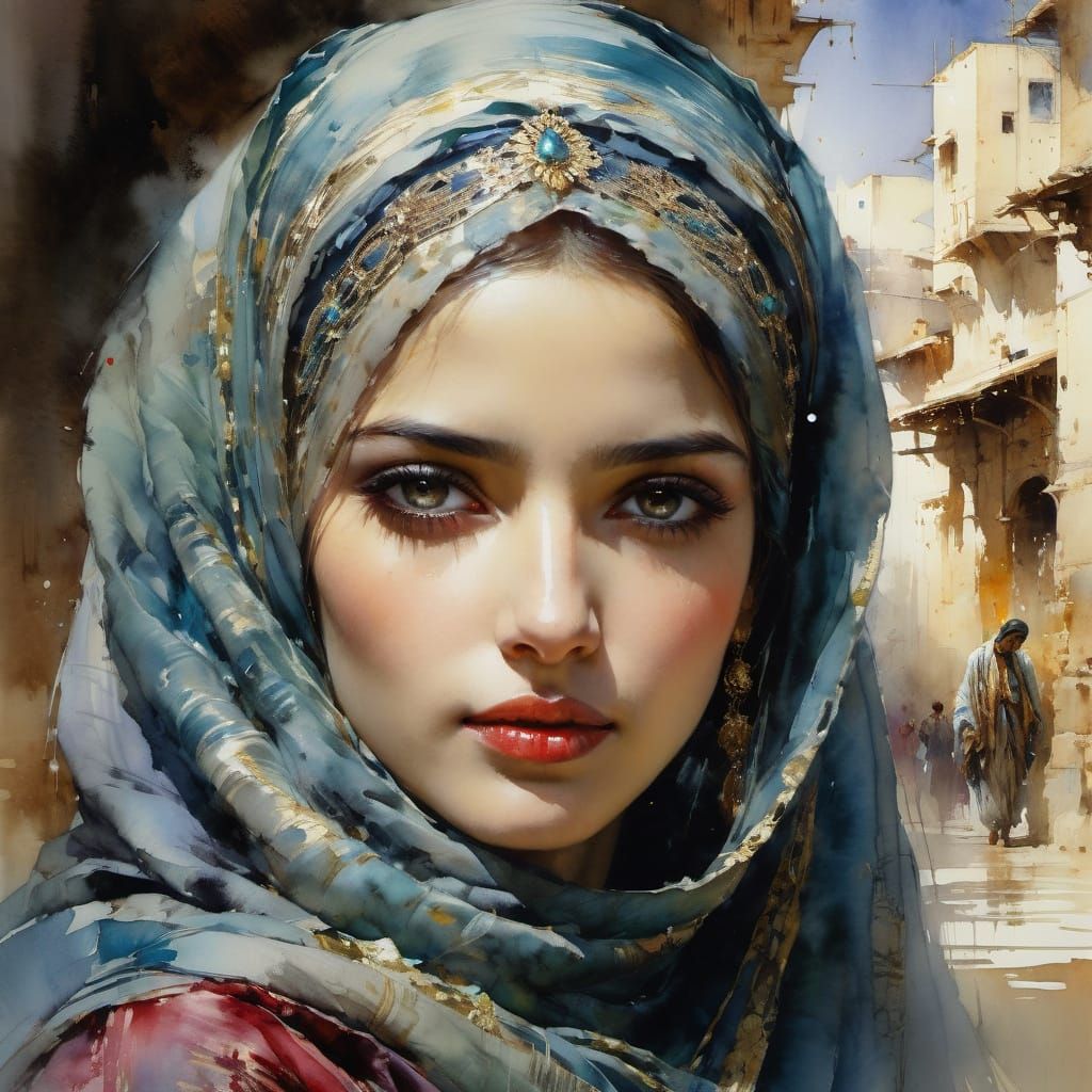 Beautiful Arab Woman in Watercolor Style