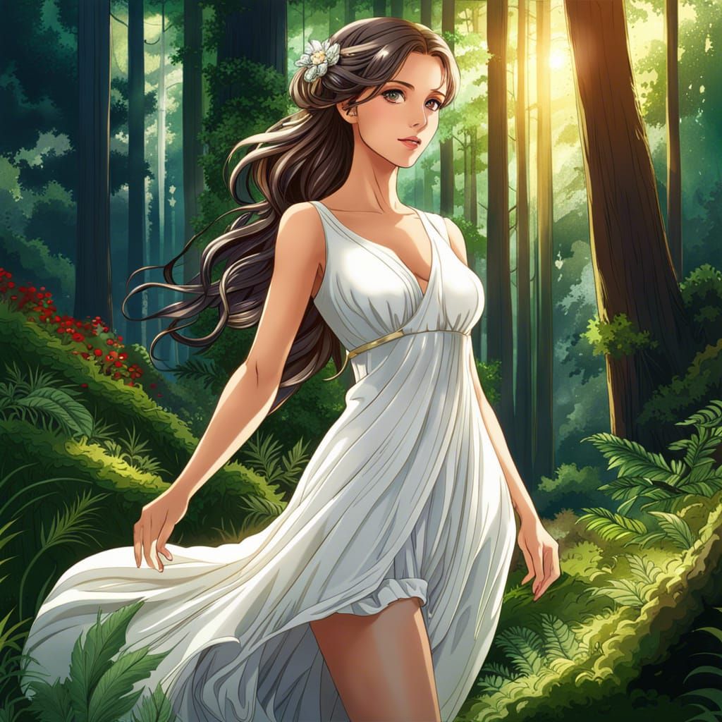 Anime Woman in Forest with White Dress