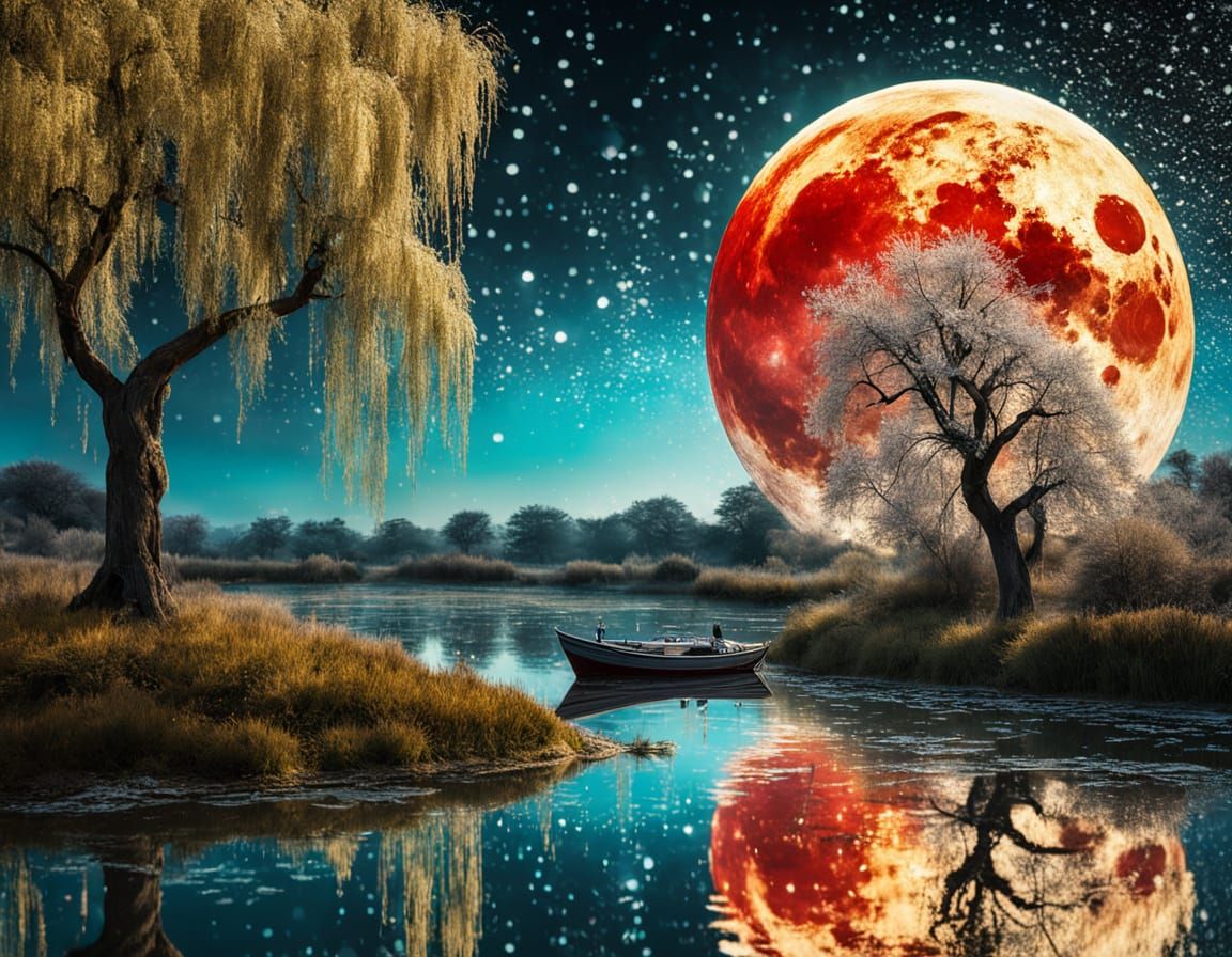 Blood Moon Reflection with Willow Tree