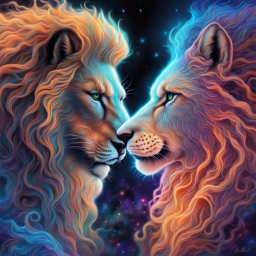 Lion and Wolf Howl in Cosmic Astral Illustration