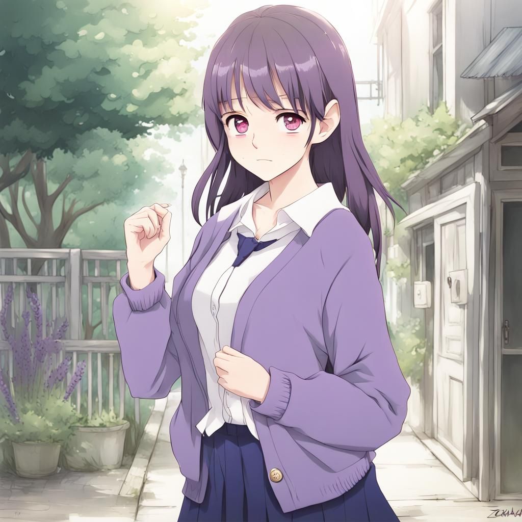 Anime Girl in Lavender Cardigan Visual Art