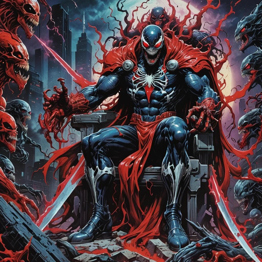 Venom and Knull Clash in Red Synthwave Sky