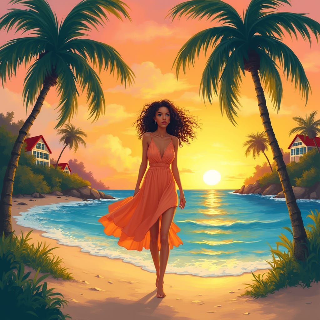 Surreal Disney Princess Walking on Beach at Sunset