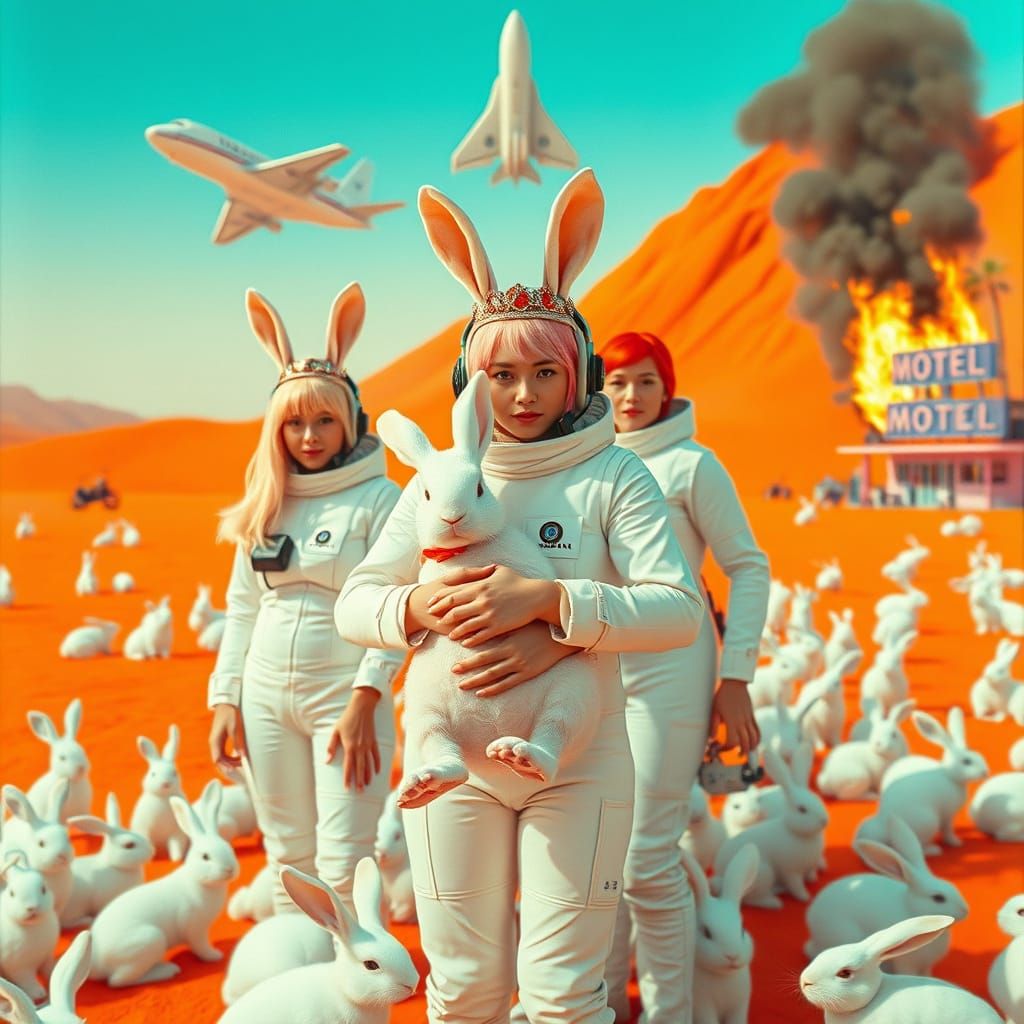 Astronaut Women with Rabbits in Orange Desertscape