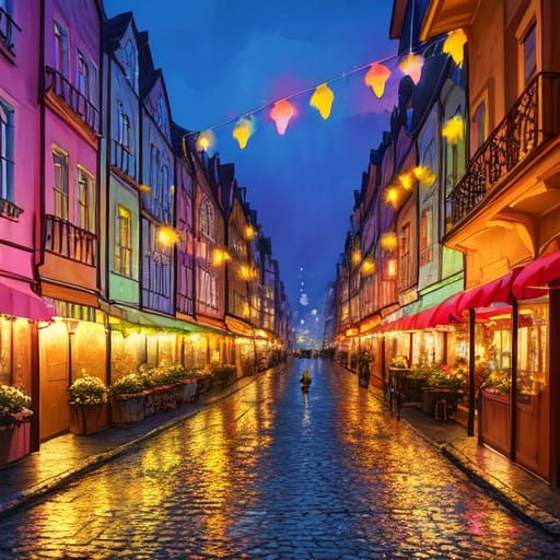 Pink Pigs Wander Vibrant Cityscape in Watercolor Style