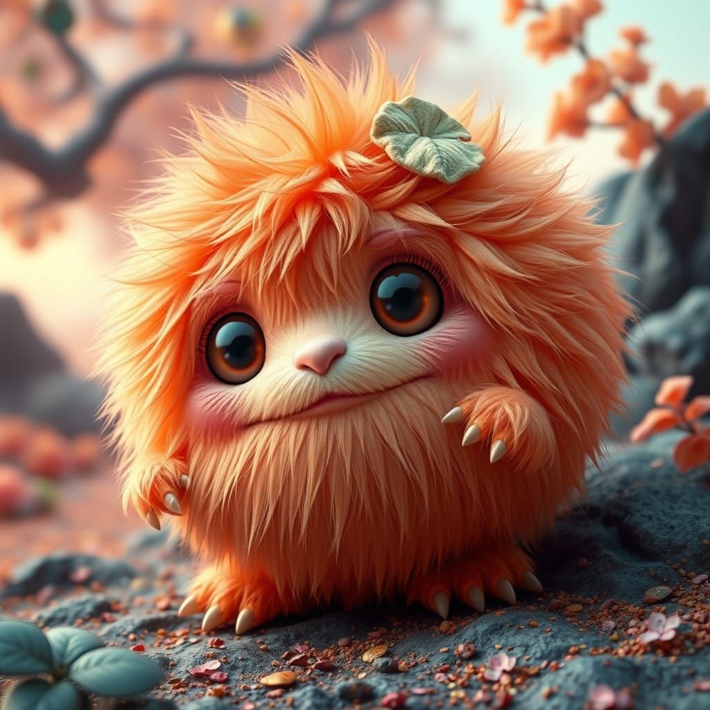 Cute Fluffy Peach Monster in Vibrant Dreamlike Environment