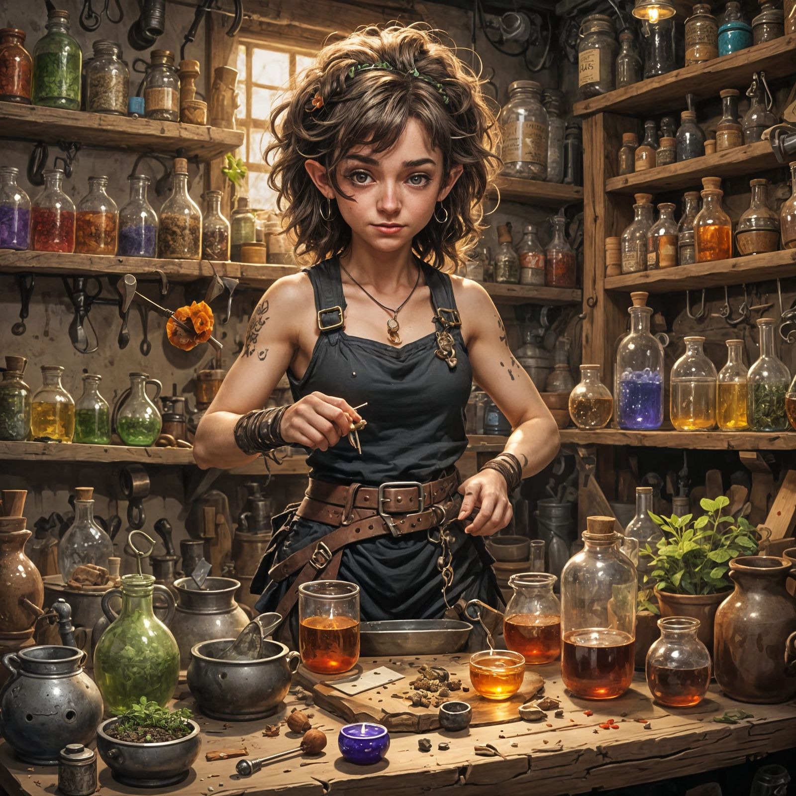 Halfling Potion Maker in a Cluttered Workshop
