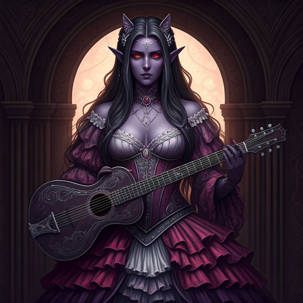 Drow Bard with Magical Guitar, Alphonse Mucha Style