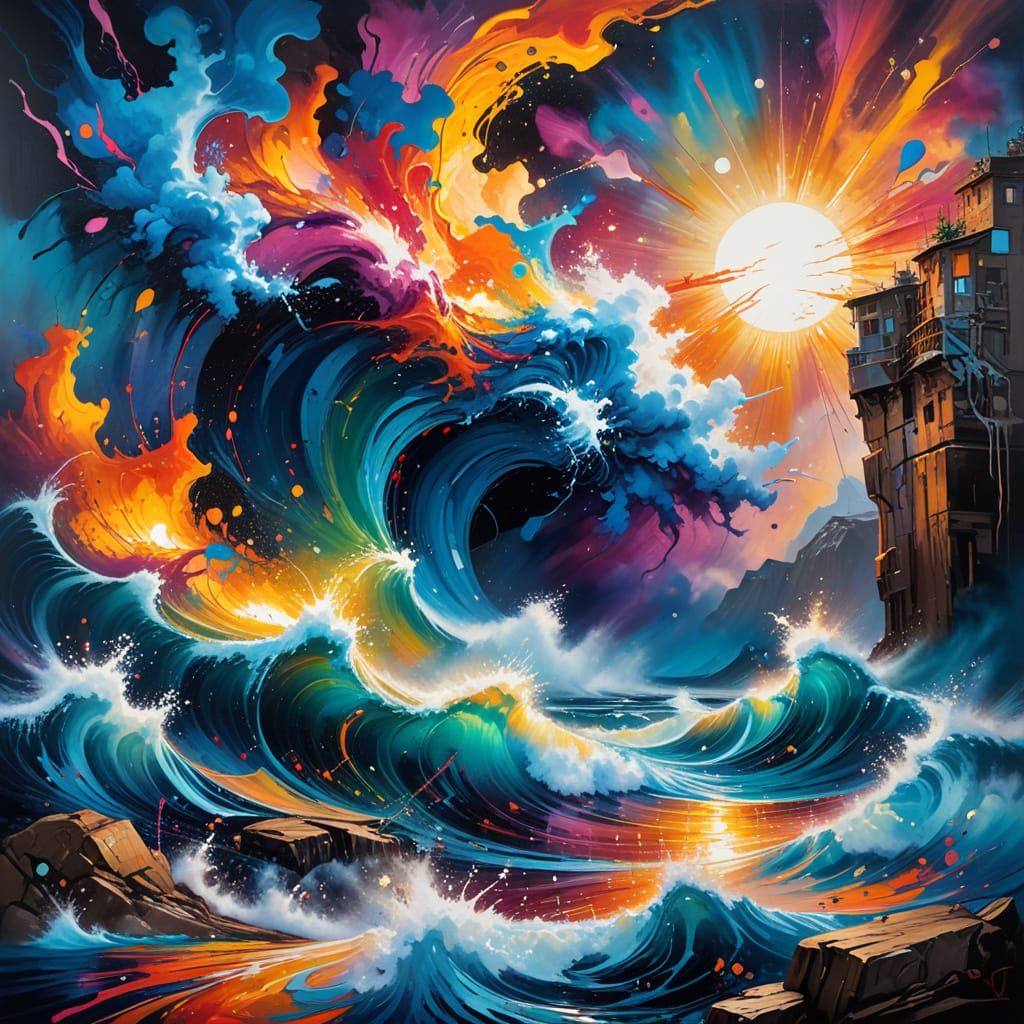 Graffiti Art Landscape with Indigo Ocean