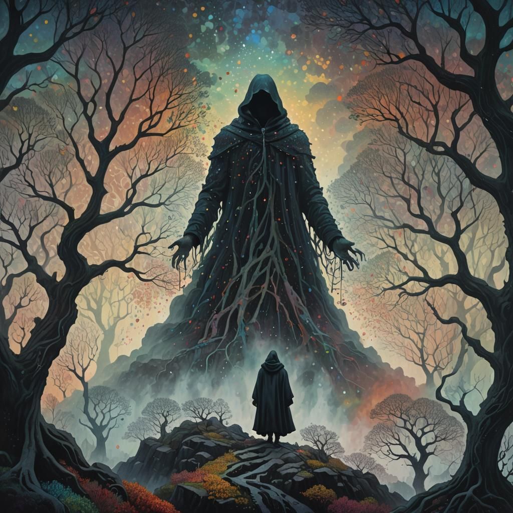 Ominous Hooded Figure in Pointillist Fantasy World