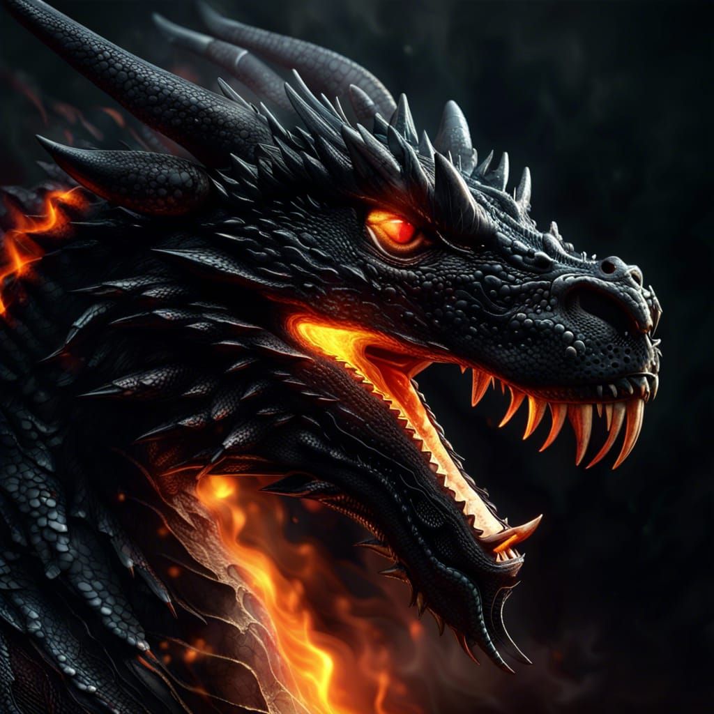 Furious Black Dragon Breathing Fire in Photorealistic Style