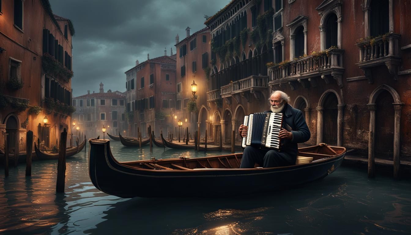 Venice Accordion Player in Rainy Night Fantasy Art