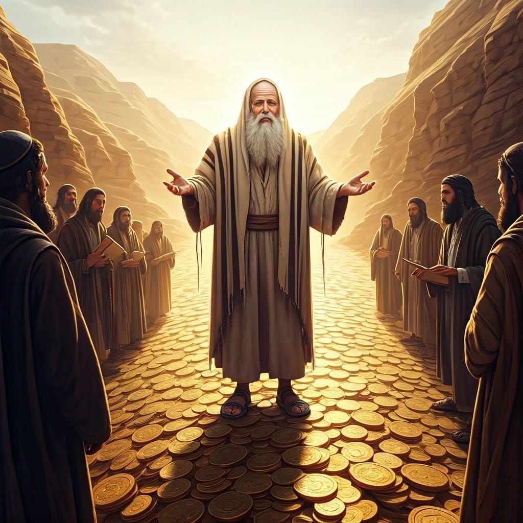 Wise Rabbi Surveys Golden Valley in Middle Eastern Landscape