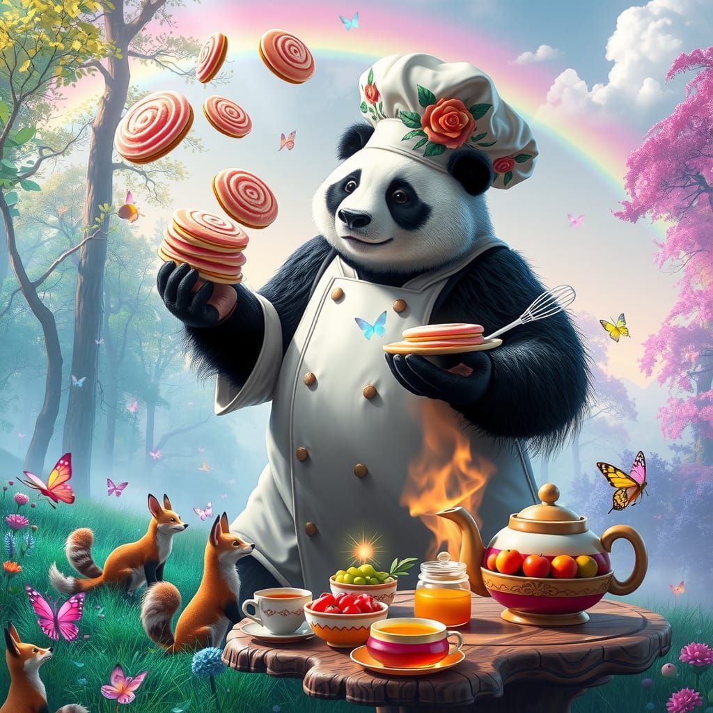 Panda Chef Juggling Pancakes in Enchanted Forest