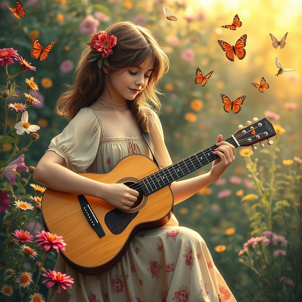 Woman in Garden with Butterflies in Whimsical Style