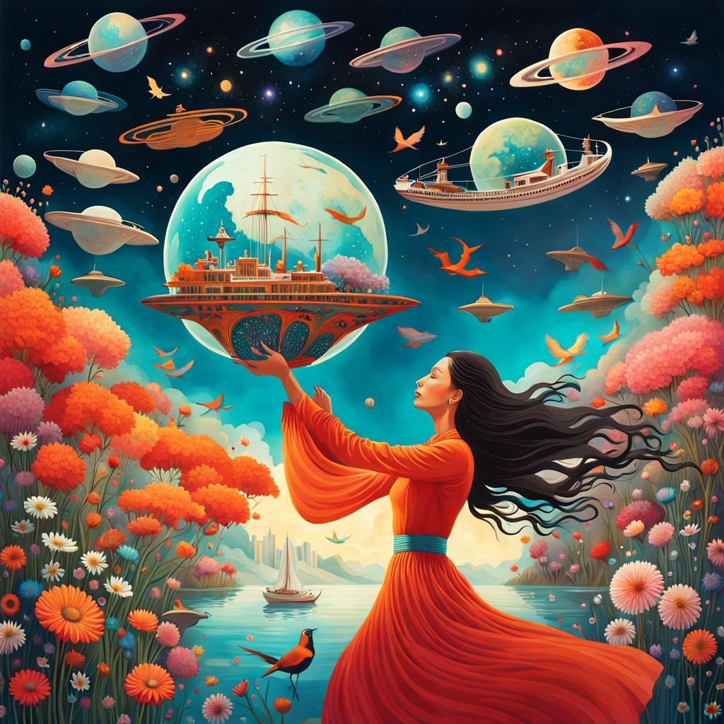 Surreal Woman Holding Cosmos in Upside-Down Universe