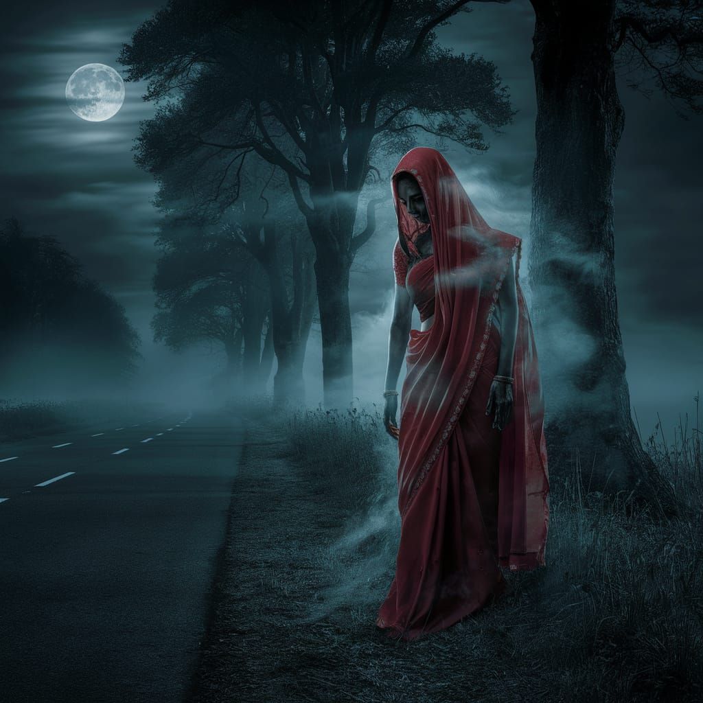 Ethereal Ghost in Red Saree by Foggy Road