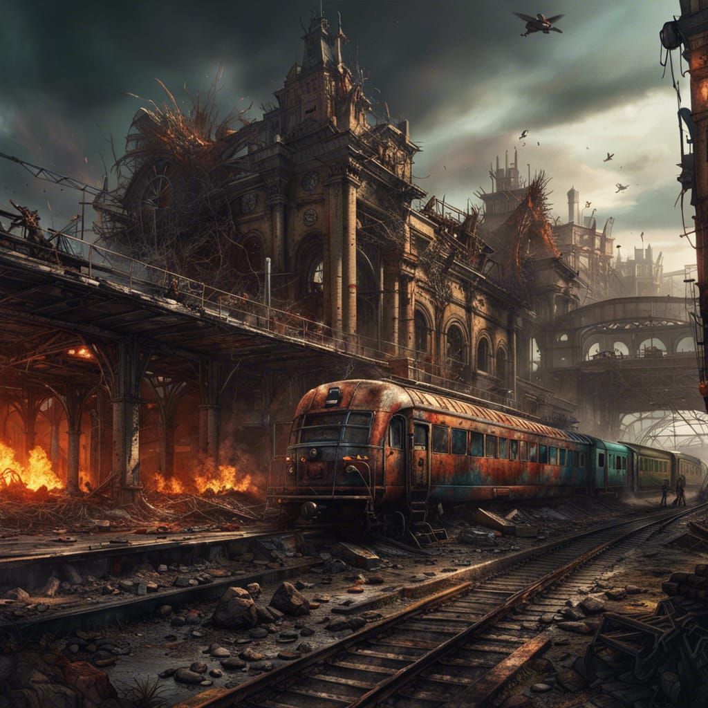 Post-Apocalyptic Train Station in Detailed Matte Painting
